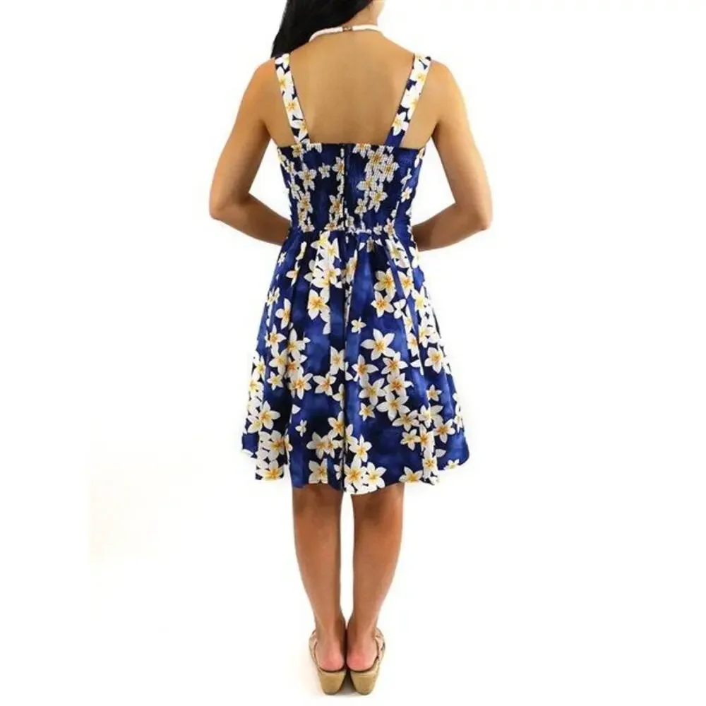 Royal Hawaiian Creations Mini Sundress Plumeria Blue Cotton Hawaiian size Medium - Picture 5 of 9